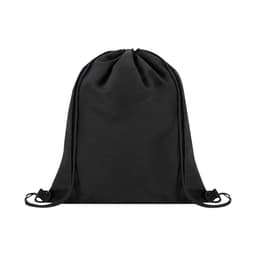 A black drawstring bag with a cinched top and adjustable cords. The bag features a logo.