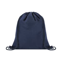A navy drawstring bag featuring a single compartment and adjustable cords, with a logo on the front.