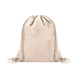 A beige drawstring bag with two adjustable cords and a simple, unembellished design. It features a logo.