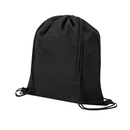 A black drawstring bag made of durable material, featuring a cinched top and adjustable cords.