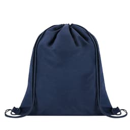 A navy drawstring bag with a simple design and matching drawstrings, featuring a logo.