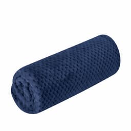 A rolled navy blue blanket featuring a textured, soft surface. It has a logo on the side.