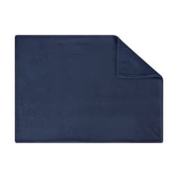 A navy blue Iridian Blanket with a textured surface and a folded corner. Features a branding logo.