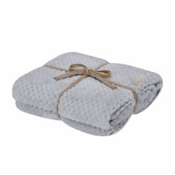 A grey Iridian Blanket, neatly folded and tied with twine, featuring a textured fabric.