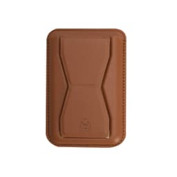 A brown business card holder with a smooth finish and a logo on the front. It features a minimalist design.