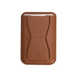 A brown business card holder with a sleek design and a logo on the front. Made from PU material.
