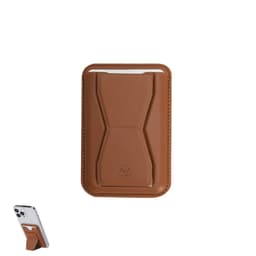 A brown business card holder with a textured pattern, featuring a logo and a slot for cards, designed to attach to a phone.