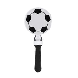A novelty hand clapper designed like a soccer ball, featuring black and white colours with a black handle.
