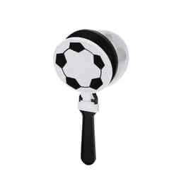 A novelty clapper in black and white, designed to resemble a soccer ball, with a black handle.