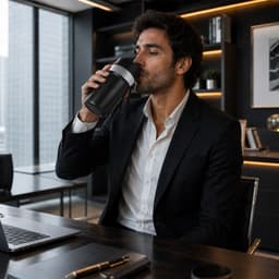 A black insulated cup with a silver band, held by a man in a suit, sitting at a desk in an office setting.
