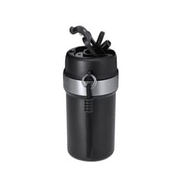 A drink bottle in matte black with a silver band, featuring a lid and a carrying loop.