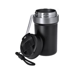 A drink bottle in matte black with a stainless steel lid and a straw, features a logo on the front.