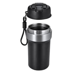 A black insulated cup with a silver band and a detachable black lid featuring a handle.