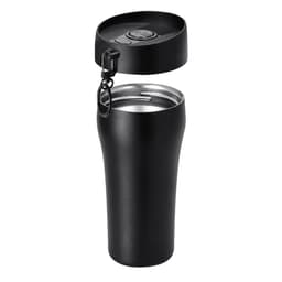 A drink bottle with a sleek black design and a metal interior, featuring an open lid and a clasp.