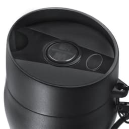 A drink bottle with a sleek black finish, featuring a secure top and buttons for functionality. Includes a logo.