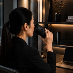 A drink bottle with a sleek black design, held by a person in a black suit, beside a laptop in an office setting.