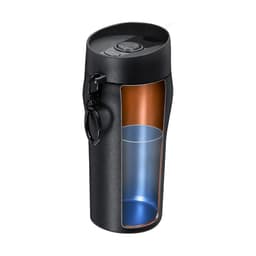 An insulated cup in black with a transparent window revealing a copper and blue interior. Features a handle with a carabiner.