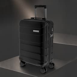 A black suitcase with a retractable handle and four wheels, featuring a sleek, modern design.