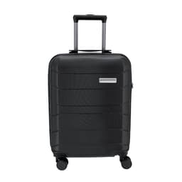 A suitcase with a hard shell, featuring a sleek black design, retractable handle, and four wheels.