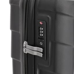 A black suitcase featuring a combination lock and a textured surface. It has a logo on the side.