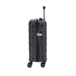 A suitcase in black with a textured surface, a retractable handle, and spinner wheels for easy mobility.
