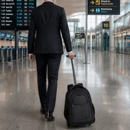A black backpack with wheels is being pulled by a person in a suit at an airport terminal.