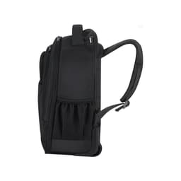 A black backpack with a side pocket and padded straps, featuring a logo on the front.