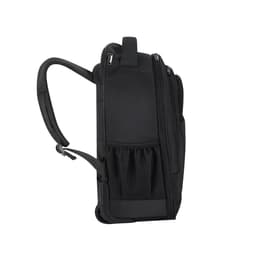 A black backpack with a zippered compartment and mesh side pocket, featuring adjustable straps and a logo.