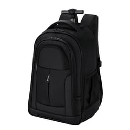 A black backpack with wheels and adjustable straps, featuring multiple compartments and a side pocket.