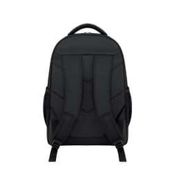 A black backpack with padded back and adjustable shoulder straps. It features side pockets and a logo.
