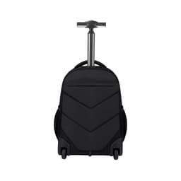 A black backpack with wheels and a retractable handle, featuring a textured design and side pockets.