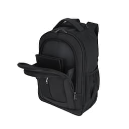 A black backpack featuring multiple compartments and a front pocket, designed for carrying a laptop.