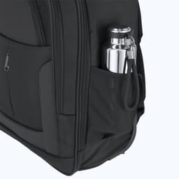 A black backpack featuring a side pocket with a silver drink bottle securely stored inside.