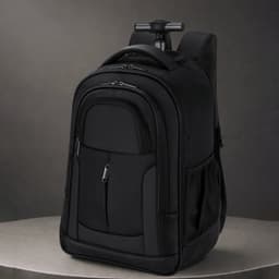 A black backpack with wheels, zippers, and side pockets, featuring a handle for easy transport.