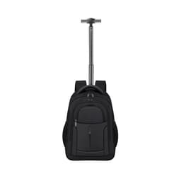 A black backpack with a retractable handle and wheels, featuring multiple compartments and a logo.