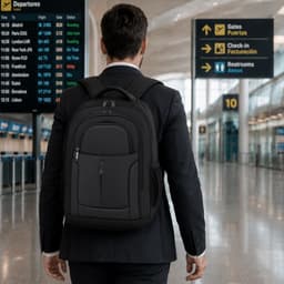 A black backpack is worn by a man in a suit at an airport terminal, with flight information displays in the background.