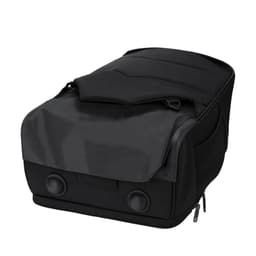 A black Mirel backpack featuring a padded exterior and multiple compartments, with a sleek design and branding.