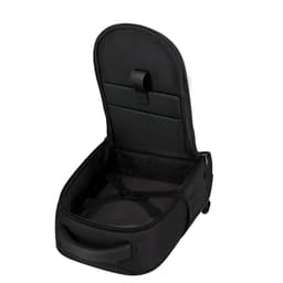 A black Mirel Backpack with a zippered opening and empty interior, featuring a handle and straps.