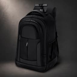 A black backpack with multiple compartments and a retractable handle, featuring a logo on one side.