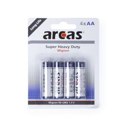A pack of four AA 1.5V batteries in silver and blue packaging, featuring a logo.
