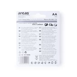A pack of four AA batteries in brown and white packaging, featuring a logo and product details on the back.