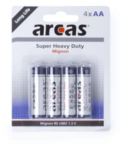 A pack of four AA batteries in white and silver packaging, featuring a brand logo and labels for heavy duty and long life.
