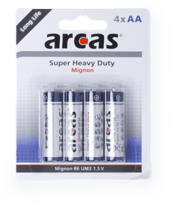 A pack of four AA batteries in silver and blue packaging, featuring a logo.