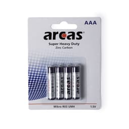 A pack of four AAA 1.5V batteries in silver and dark blue, featuring a logo.