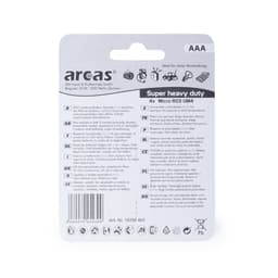 A pack of four AAA/R03 1.5V batteries in grey packaging, featuring a logo and various product information.