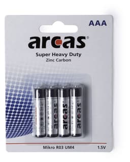 A pack of four AAA 1.5V batteries in silver and black, featuring a branded logo on the packaging.