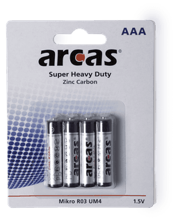 A pack of four AAA 1.5V zinc carbon batteries in a clear blister packaging, featuring a branding logo.