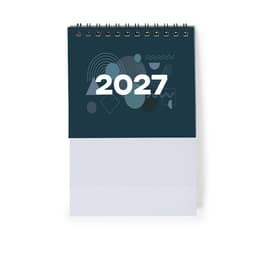 A desk calendar with a dark green top featuring abstract shapes and the year "2027" in large white numbers.
