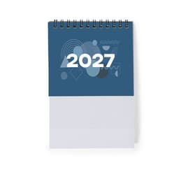 A desk calendar featuring a spiral binding, blue cover with abstract shapes, and the year 2027 prominently displayed.