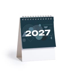 A desk calendar for 2027, featuring a dark blue cover with abstract shapes and a white spiral binding.